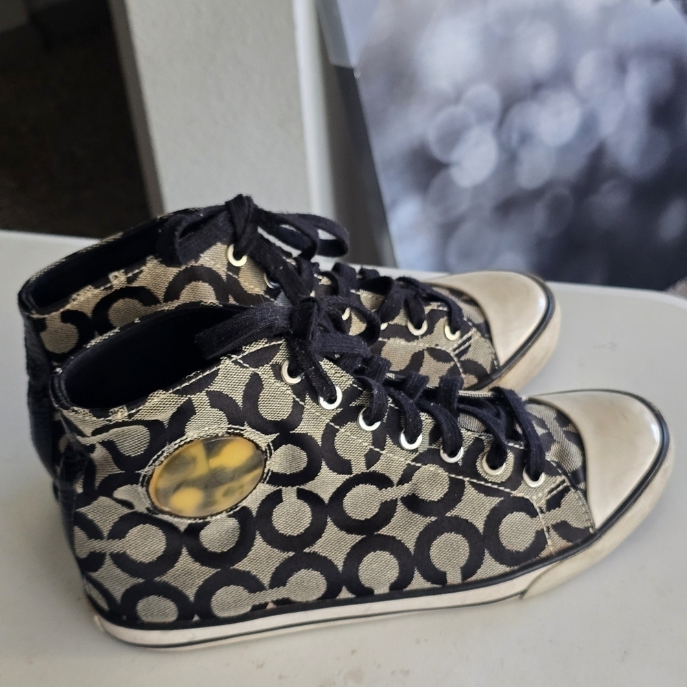 Coach Cardinal High Top Sneakers Women Sz 8B Black White Signature Logo … - Picture 5 of 16